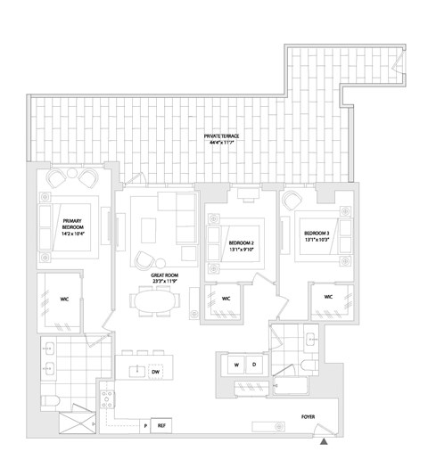 Floor plan for 3 beds, 2 baths, 1587 sqft